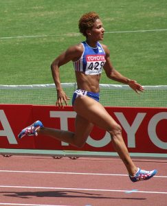 Chrisine Arron female sprinter - French 100 Meter runner during her first round heat World Athletics Championships 2007 in Osaka